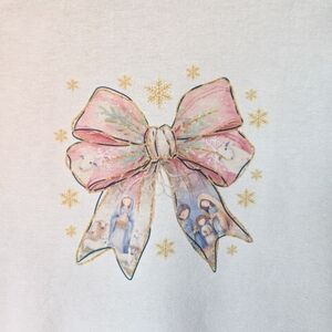 White Sweater with Pink Bow and Nativity Design